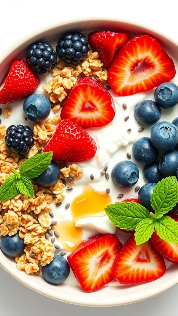 A nutritious high-protein yogurt bowl with Greek yogurt, berries, granola, and chia seeds, garnished with mint.